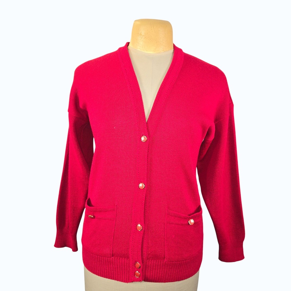 Vintage Castle of Ireland Red Wool Blend V-Neck Button Cardigan Sweater Women 38